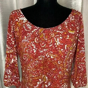 Liz & Co. Red Burgundy Floral Teardrop Print Pleated 3/4 Sleeve Blouse Women’s L
